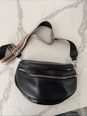 Black Leather Crossbody Belt Bag with Striped Adjustable Strap